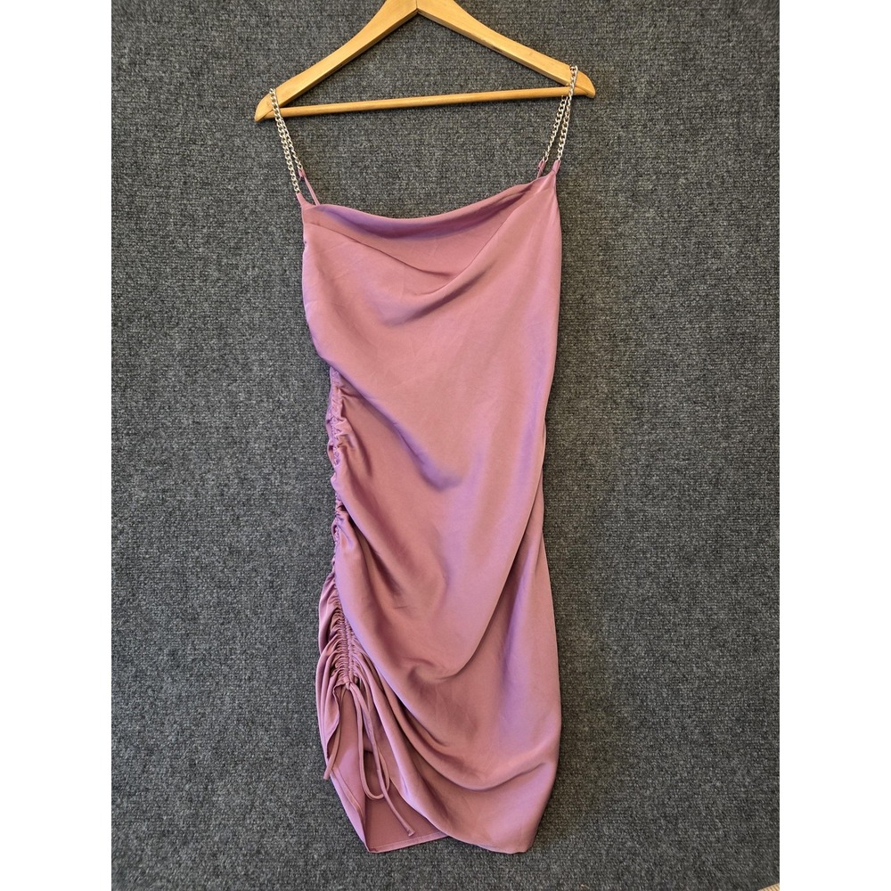 ASTR The Label Dress Womens Small Pink Satin Cowl Ruched Chain Strap Mini Party